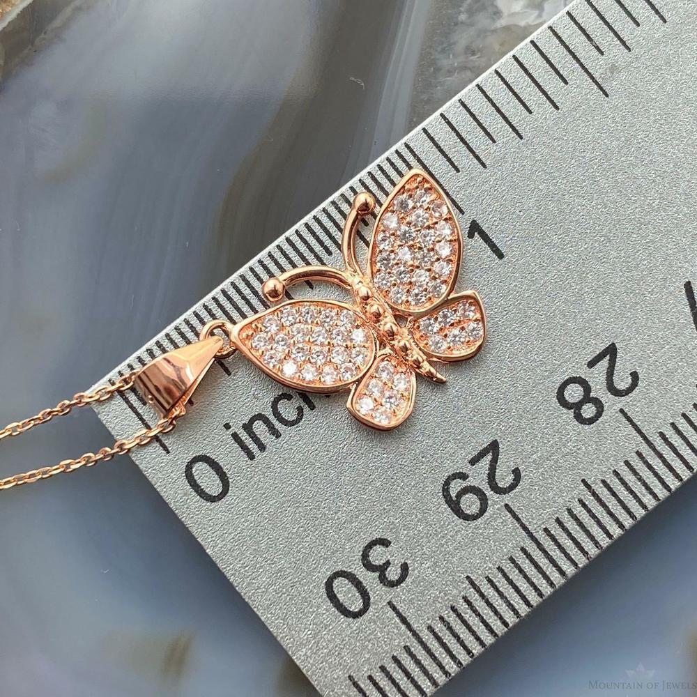 Sterling Silver Rose Coated with Cubic Zirconia Butterfly Pendant with Chain - Picture 9 of 9